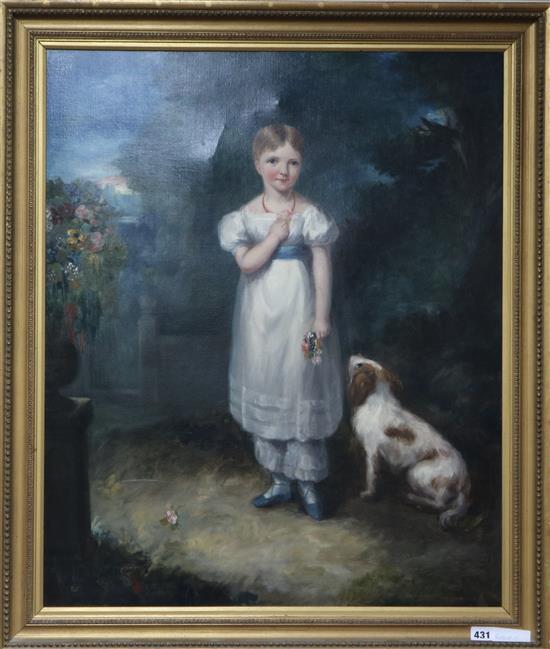 English School c.1830, oil on canvas, portrait of a girl and spaniel standing in a landscape, 74 x 61cm